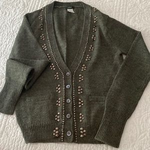J Crew Gray Jeweled V Neck Acrylic/Alpaca/Wool Cardigan, Pockets Sz S